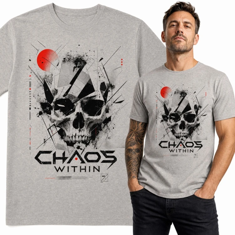 Koszulka męska z geometryczną czaszką „Chaos Within” - abstrakcyjny streetwear