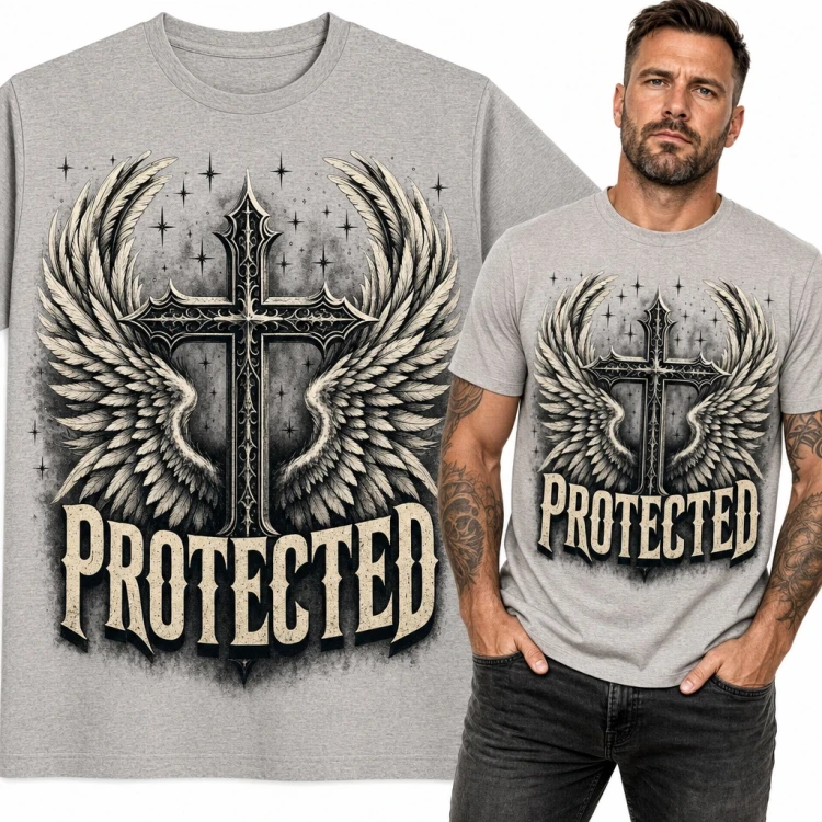 Koszulka męska z krzyżem i skrzydłami anioła „Protected”