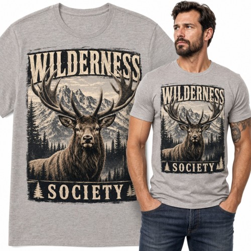 Koszulka męska z jeleniem na tle gór „Wilderness Society” - dla myśliwego