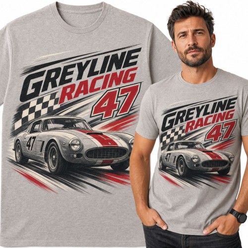 Koszulka męska „Greyline Racing 47” - klasyczne auto wyścigowe i flaga w szachownicę