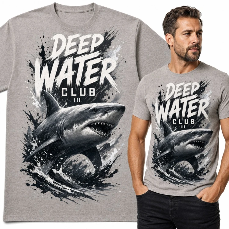 Koszulka męska z rekinem „Deep Water Club” - żarłacz w morskiej fali