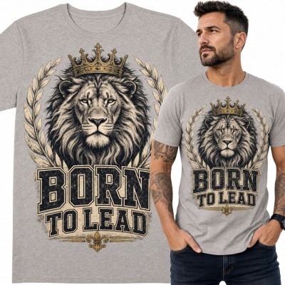 Koszulka męska z lwem w koronie „Born to lead” - wieniec laurowy