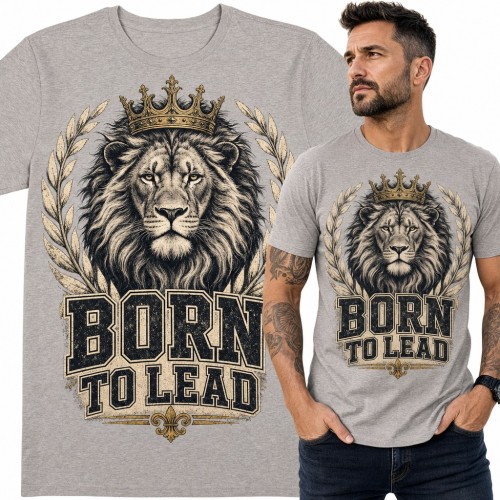 Koszulka męska z lwem w koronie „Born to lead” - wieniec laurowy