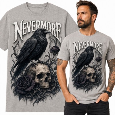 Koszulka męska „Nevermore” - kruk na czaszce wśród czarnych róż