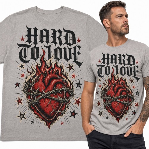 Koszulka męska „Hard to love” - płonące serce w drucie kolczastym w stylu tattoo