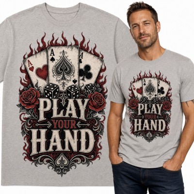 Koszulka męska poker „Play your hand” - trzy asy, kości i róże w płomieniach