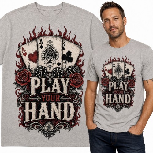 Koszulka męska poker „Play your hand” - trzy asy, kości i róże w płomieniach