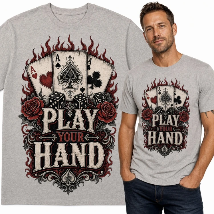 Koszulka męska poker „Play your hand” - trzy asy, kości i róże w płomieniach