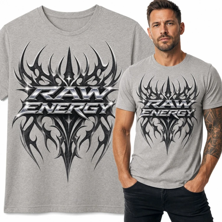 Koszulka męska „Raw Energy” - chromowany napis na czarnym tribalu