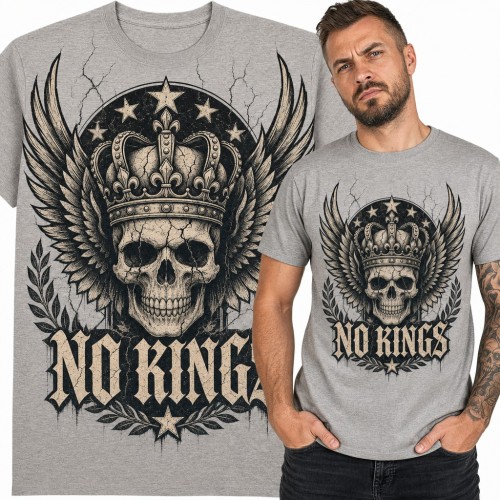 Koszulka męska z czaszką w koronie i skrzydłami - napis „No Kings”