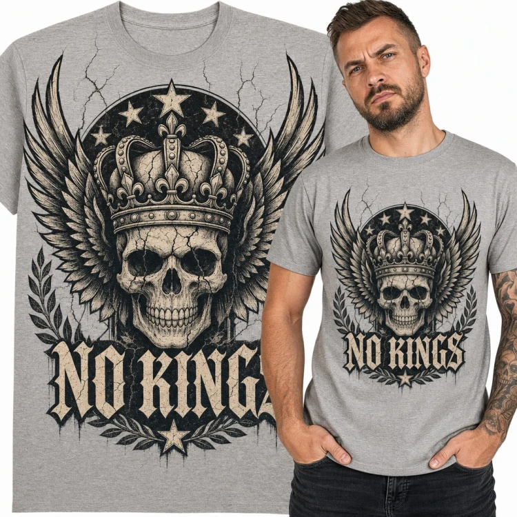Koszulka męska z czaszką w koronie i skrzydłami - napis „No Kings”