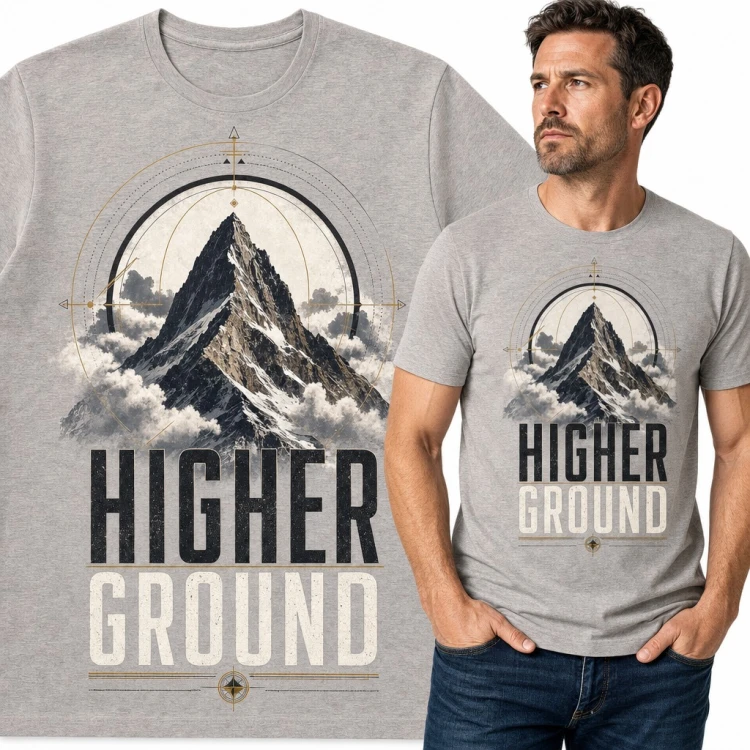 Koszulka męska „Higher Ground” - ośnieżony szczyt w chmurach i kompas