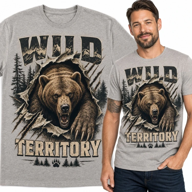Koszulka męska z niedźwiedziem grizzly „Wild Territory” - pazury rozdzierające materiał