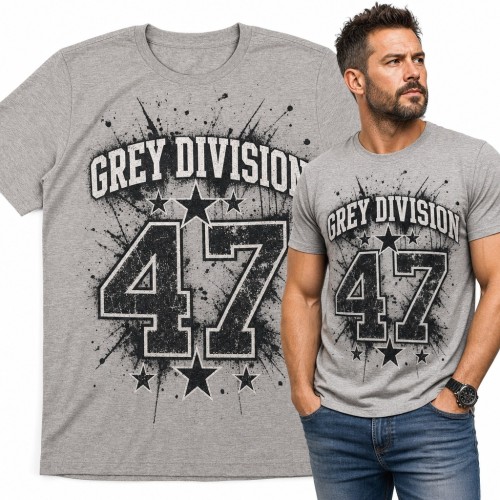 Koszulka męska „Grey Division 47” - sportowy numer w stylu college z gwiazdami
