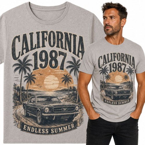 Koszulka męska „California 1987 Endless Summer” - klasyczne auto retro pod palmami