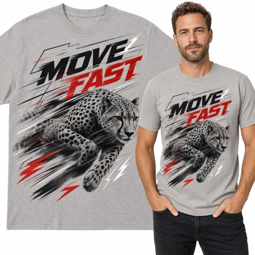 Koszulka męska „Move Fast” z biegnącym gepardem i błyskawicami