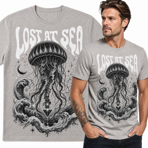 Koszulka męska meduza wśród fal z napisem „Lost at Sea” - księżyc i gwiazdy