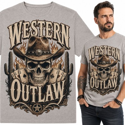 Koszulka męska „Western Outlaw” - czaszka kowboja z asami i kaktusami
