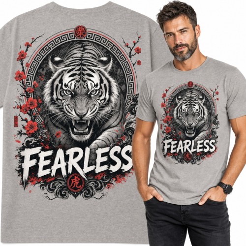 Koszulka męska „Fearless” - ryczący tygrys z sakurą w stylu japońskim