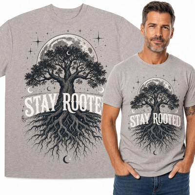 Koszulka męska „Stay rooted” - drzewo życia z korzeniami i księżycem w pełni