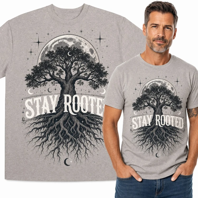 Koszulka męska „Stay rooted” - drzewo życia z korzeniami i księżycem w pełni