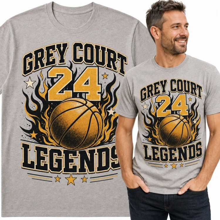 Koszulka męska z koszykówką „Grey Court 24 Legends” - piłka w płomieniach dla koszykarza