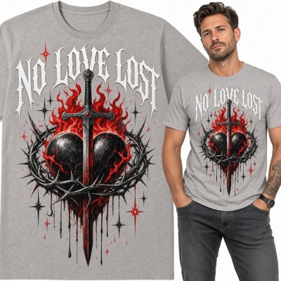Koszulka męska „No Love Lost” - gotyckie serce przebite mieczem w cierniach