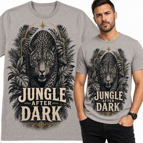 Koszulka męska z jaguarem wśród tropikalnych liści „Jungle After Dark”