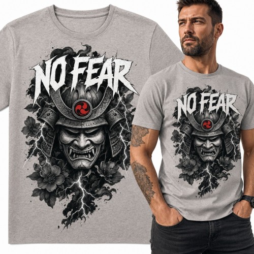Koszulka męska „No Fear” - maska samuraja oni wśród błyskawic i kwiatów