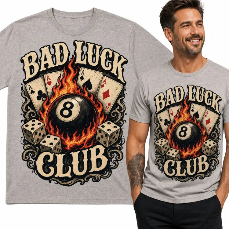 Koszulka męska „Bad Luck Club” - płonąca bila ósemka i cztery asy dla pokerzysty