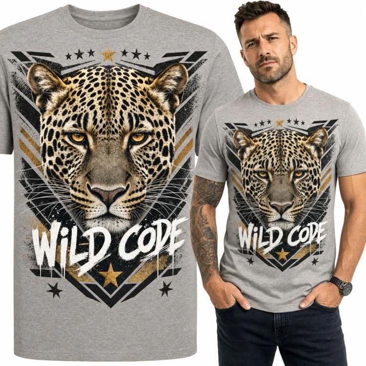 Koszulka męska z lampartem „Wild code” - drapieżnik na tle szewronów i gwiazd