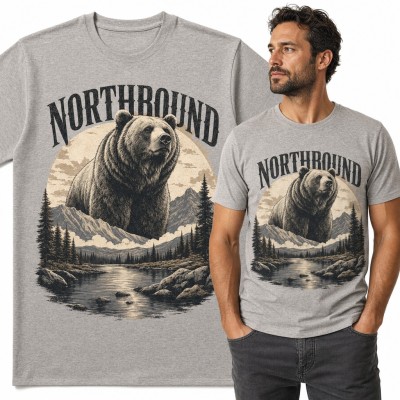 Koszulka męska „Northbound” - niedźwiedź grizzly na tle gór i rzeki