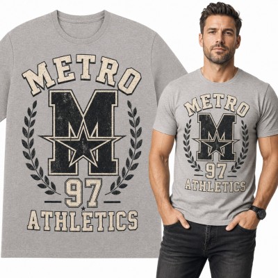 Koszulka męska „Metro Athletics” - styl college z literą M, gwiazdą i numerem 97