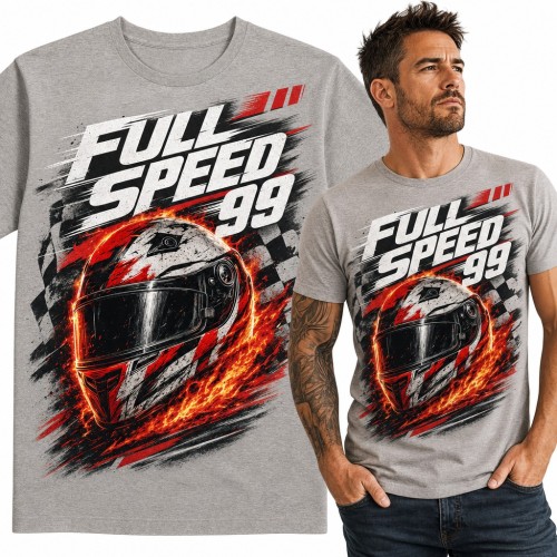 Koszulka męska z kaskiem wyścigowym w płomieniach „Full Speed 99” - dla fana motorsportu