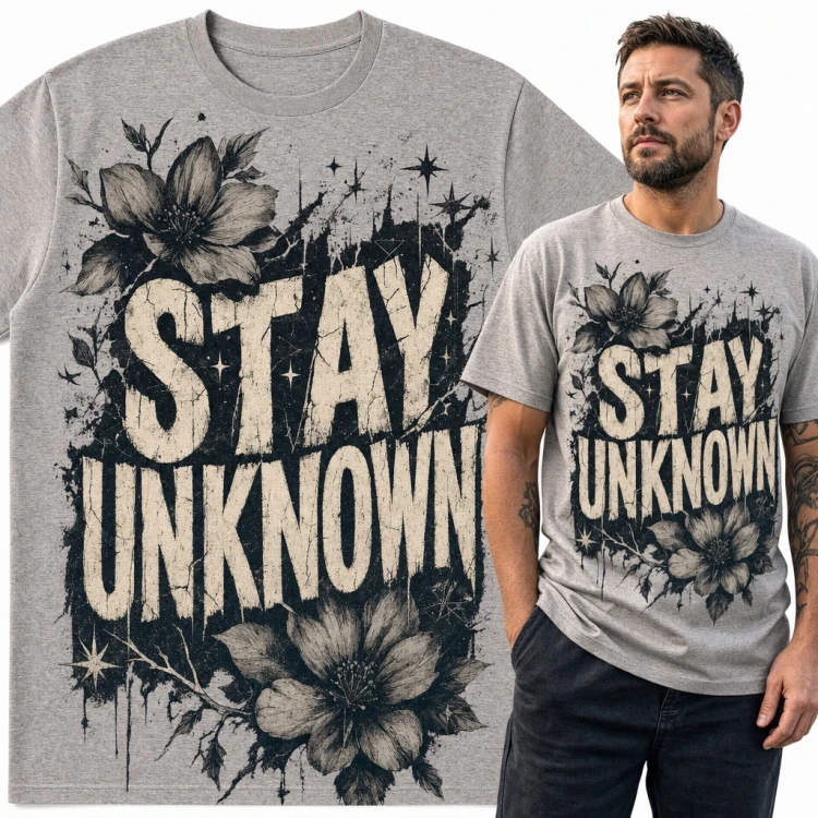 Koszulka męska „Stay unknown” - grunge z kwiatami i gwiazdkami