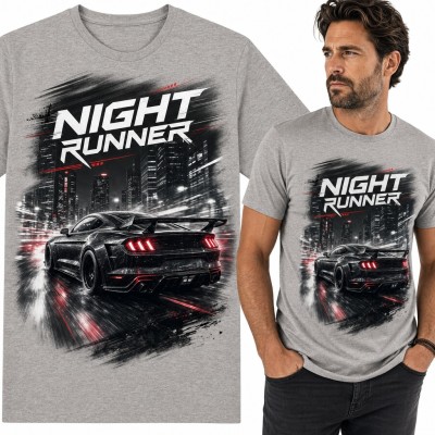 Koszulka męska „Night Runner” - czarne sportowe auto ze spojlerem w nocnym mieście