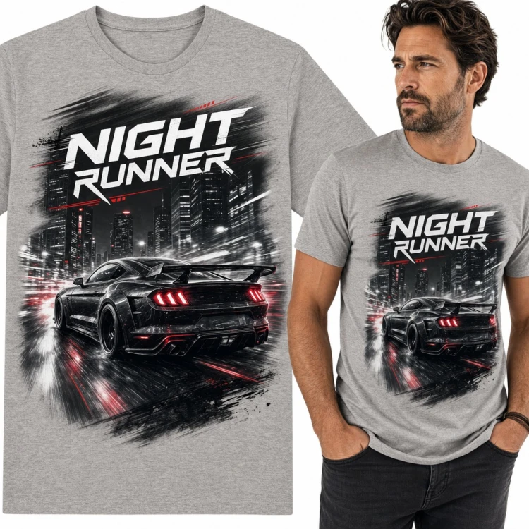 Koszulka męska „Night Runner” - czarne sportowe auto ze spojlerem w nocnym mieście