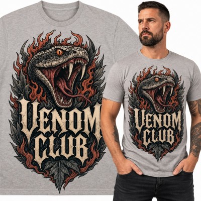Koszulka męska wąż w płomieniach „Venom Club” - żmija z kłami w stylu tattoo