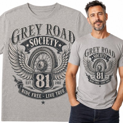 Koszulka męska „Grey Road Society” - emblemat ze skrzydlatym kołem dla motocyklisty