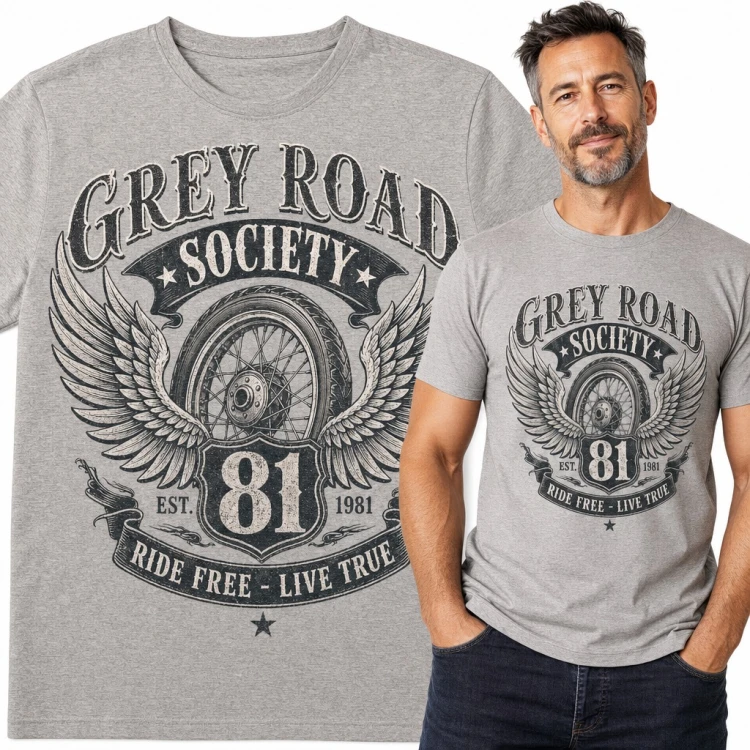 Koszulka męska „Grey Road Society” - emblemat ze skrzydlatym kołem dla motocyklisty