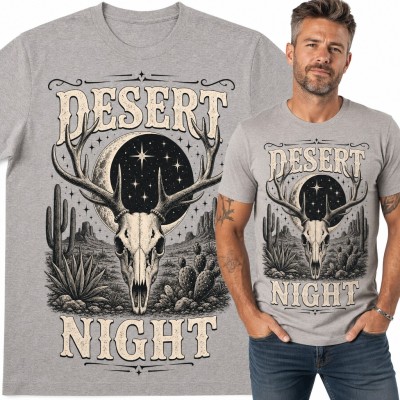Koszulka męska western „Desert Night” - czaszka jelenia, księżyc i kaktusy