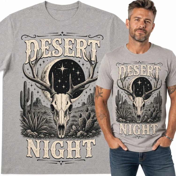 Koszulka męska western „Desert Night” - czaszka jelenia, księżyc i kaktusy