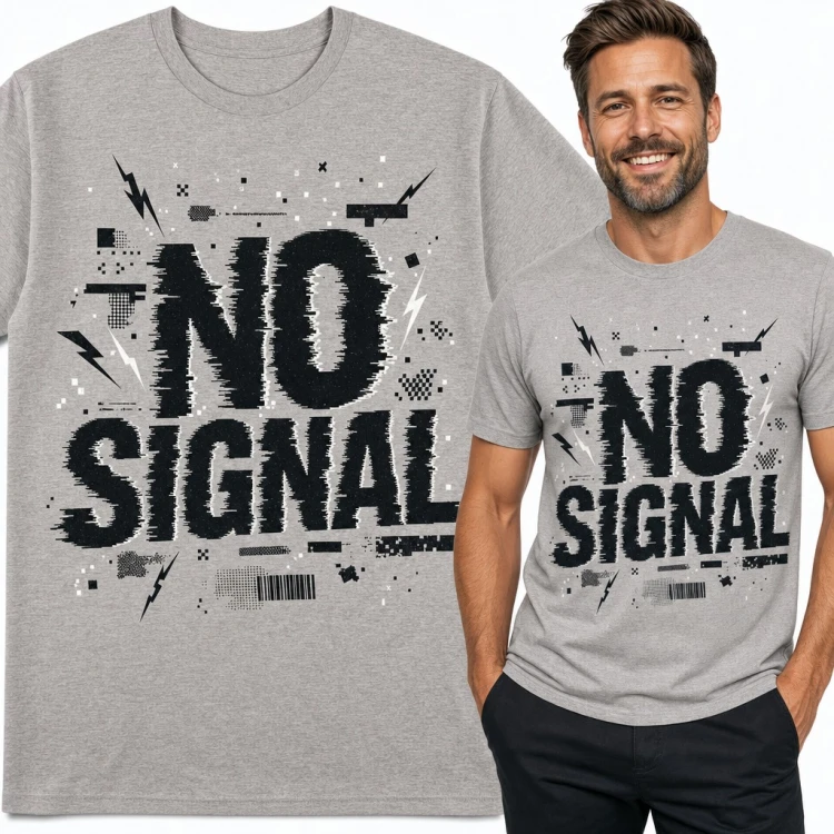 Koszulka męska „No signal” - zakłócony glitch z pikselami i błyskawicami