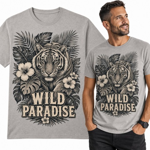 Koszulka męska z tygrysem w dżungli i napisem „Wild Paradise”