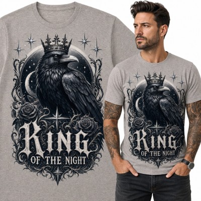 Koszulka męska z krukiem w koronie „King of the Night” - gotyckie róże i księżyc