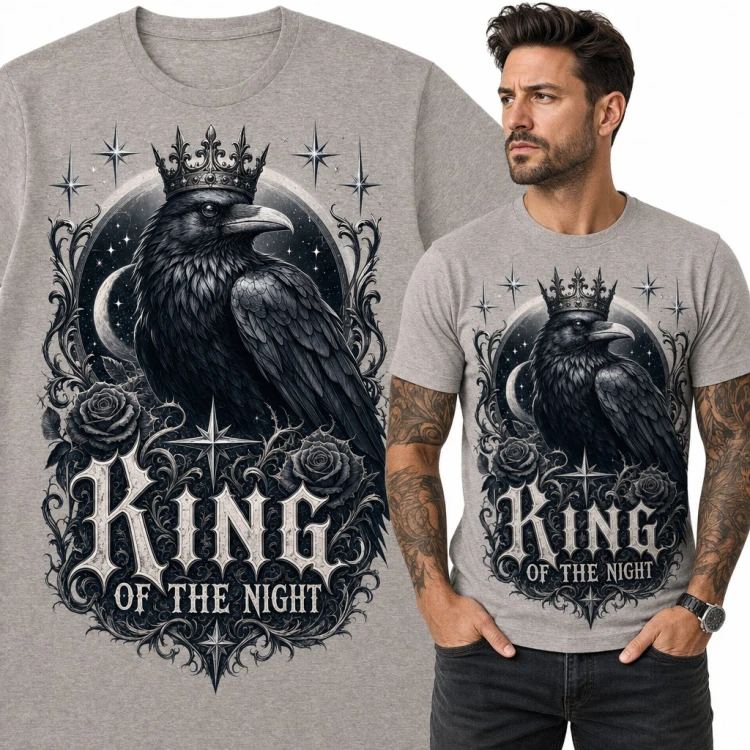 Koszulka męska z krukiem w koronie „King of the Night” - gotyckie róże i księżyc