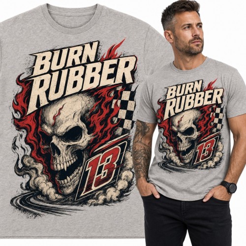 Koszulka męska „Burn Rubber” - płonąca czaszka wyścigowa z numerem 13