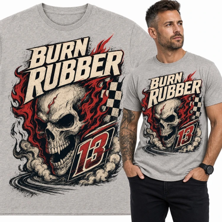 Koszulka męska „Burn Rubber” - płonąca czaszka wyścigowa z numerem 13