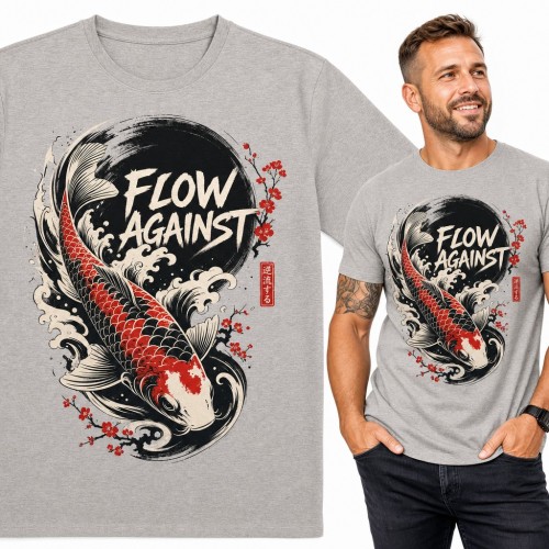 Koszulka męska z karpiem koi i napisem „Flow against” - japońskie fale i sakura