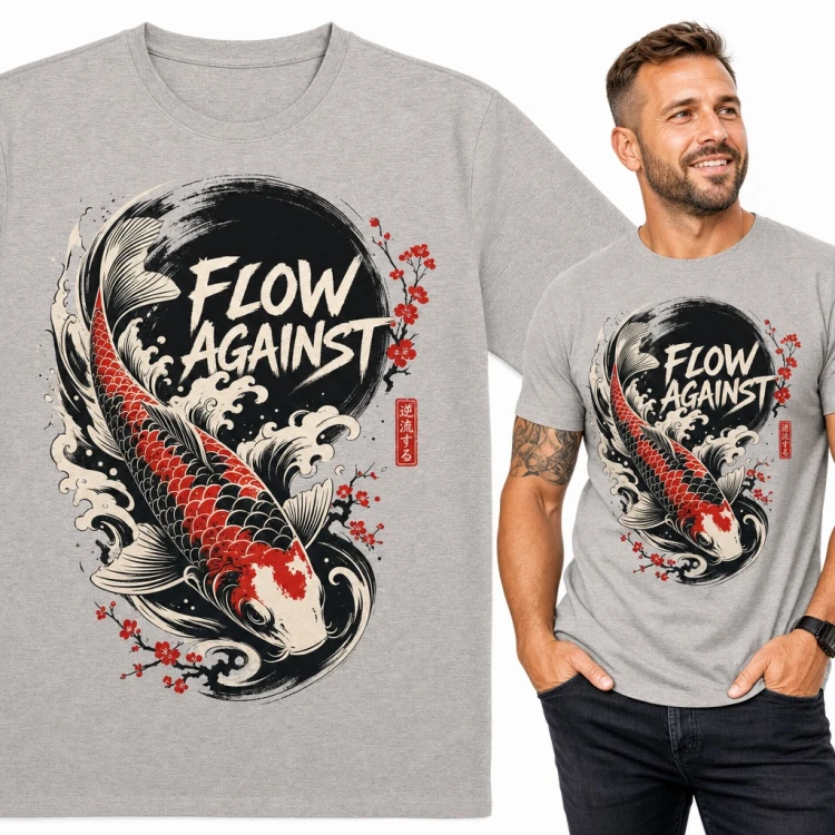 Koszulka męska z karpiem koi i napisem „Flow against” - japońskie fale i sakura